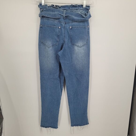 Pretty little thing womens UK 10 US 6 blue paper bag belted waist raw hem jeans - Picture 7 of 8